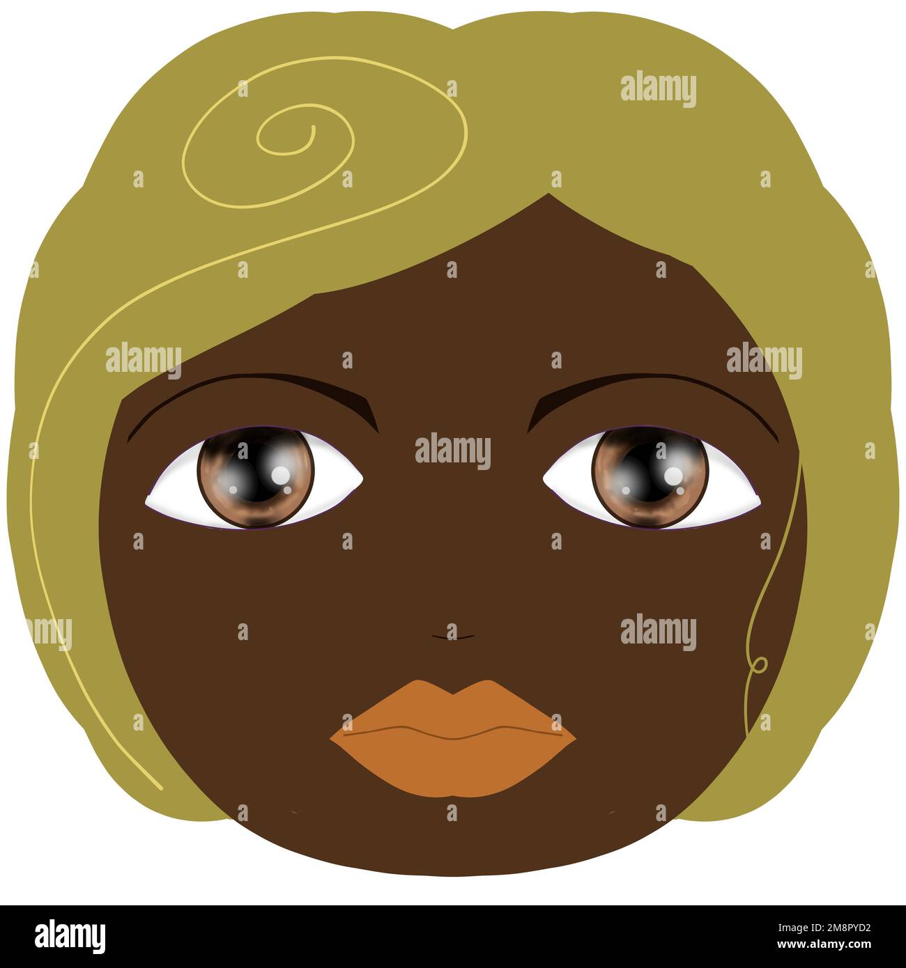 Eine Cartoon-Illustration eines Gesichts einer schwarzen Frau, isoliert auf weißem Hintergrund. Stockfoto