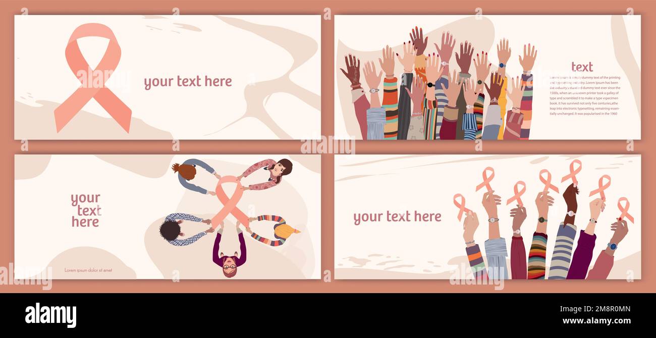 Uteruskarzinombewusstsein-Konzept. Gruppieren Sie verschiedene Kulturen weibliche Hände mit einem pinkfarbenen Band.Banner.Solidarität und Unterstützung für Frauen, die gegen die Gebärmutter kämpfen Stock Vektor