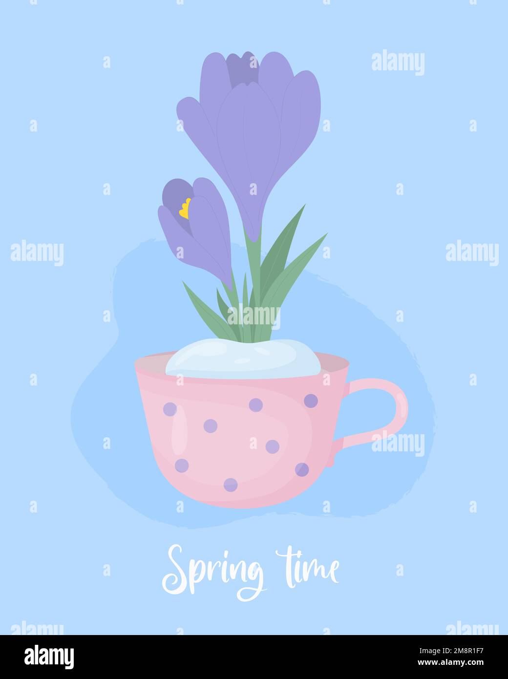 Frühlingsposter mit Crocus-Blume. Zuerst blühendes lila Safran im Schnee im Becher auf blauem Hintergrund. Flache Vektordarstellung für Postkarten, de Stock Vektor