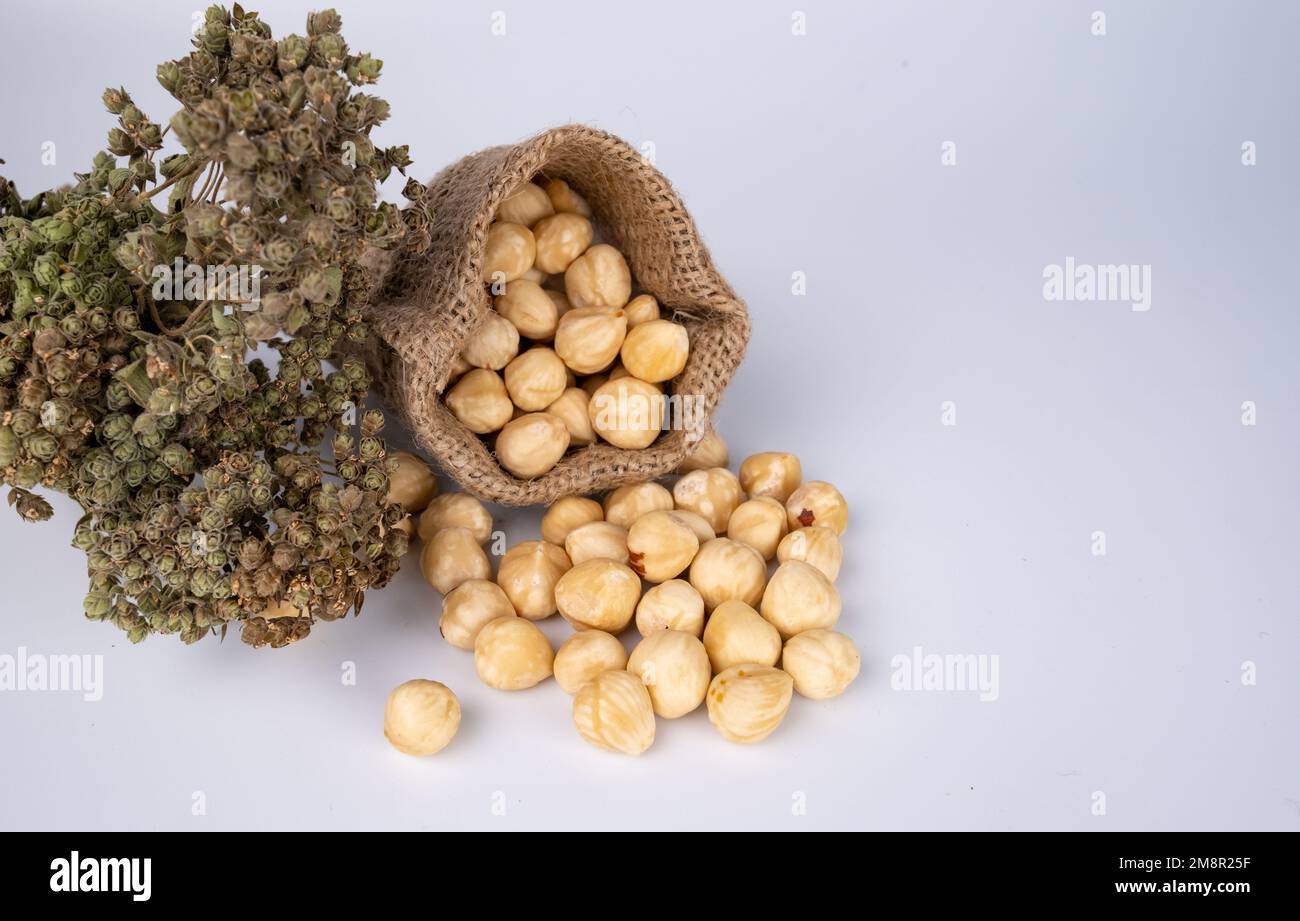 Nüsse oder Haselnuss im Sack auf weißem Hintergrund. Stockfoto