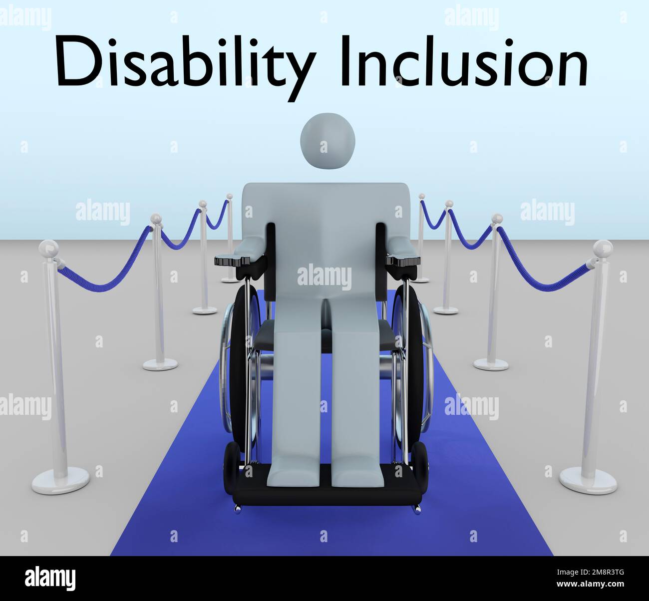 3D Abbildung einer Männersilhouette, die auf einem Rollstuhl auf einem roten Teppich sitzt, mit dem Titel „Inklusion für Behinderte“. Stockfoto