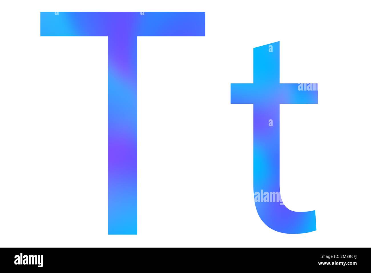 Buchstabe T . Blaue Farbe mit Verlauf. Klassische Schriftart. Isoliert auf weißem Hintergrund. Stockfoto