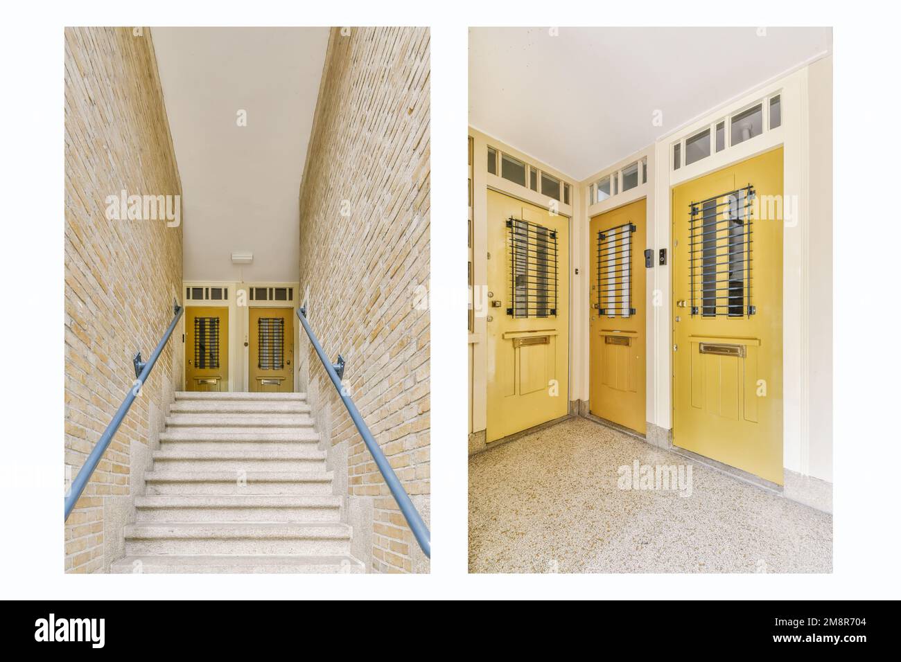 Ein Eingang mit gelben Türen und weißen Verkleidungen an der Vordertür und Treppen, die in die zweite Etage führen Stockfoto