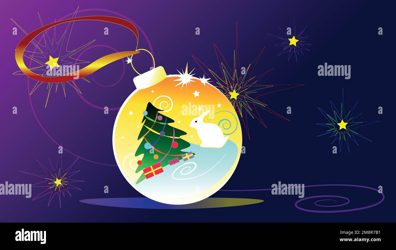 Ein Weihnachtsspielzeug für den Weihnachtsbaum. Ein Häschen am Weihnachtsbaum mit Geschenken. 2023 Stock Vektor