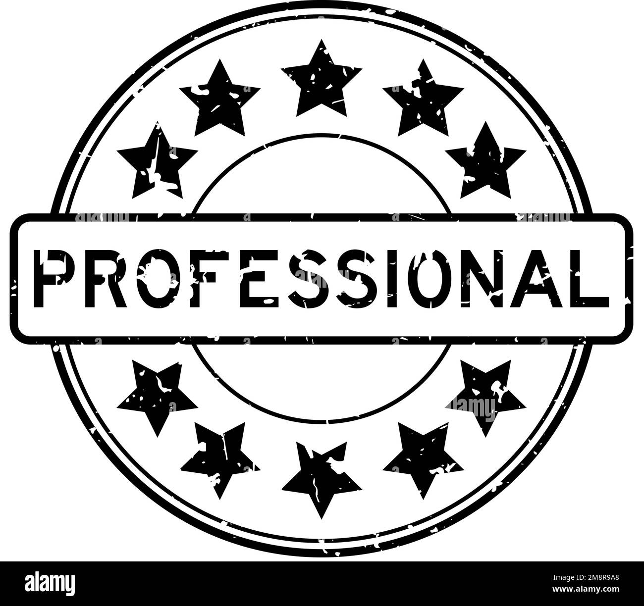 Grunge schwarzes, professionelles Wort mit Sternsymbol und rundem Gummisiegelstempel auf weißem Hintergrund Stock Vektor