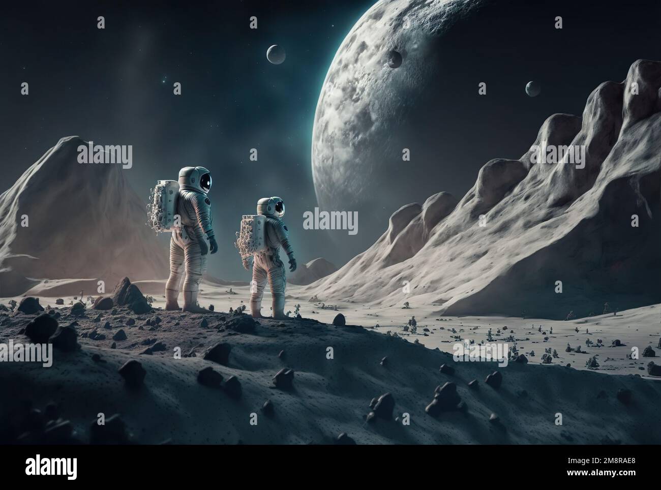 Astronaut steht auf der Oberfläche des Mondes mit Erdhintergrund Stockfoto