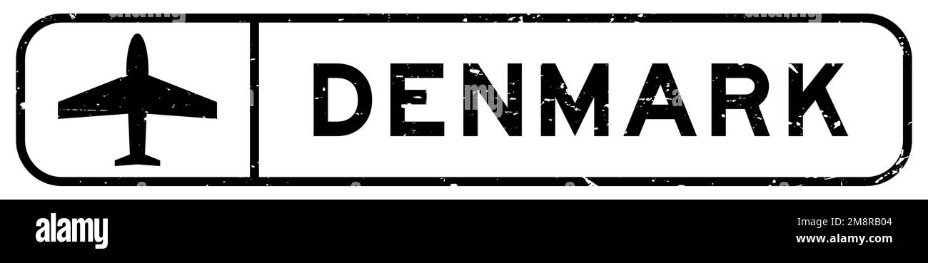 Grunge schwarzes dänisches Wort mit Flugzeugsymbol quadratischer Gummidichtung auf weißem Hintergrund Stock Vektor