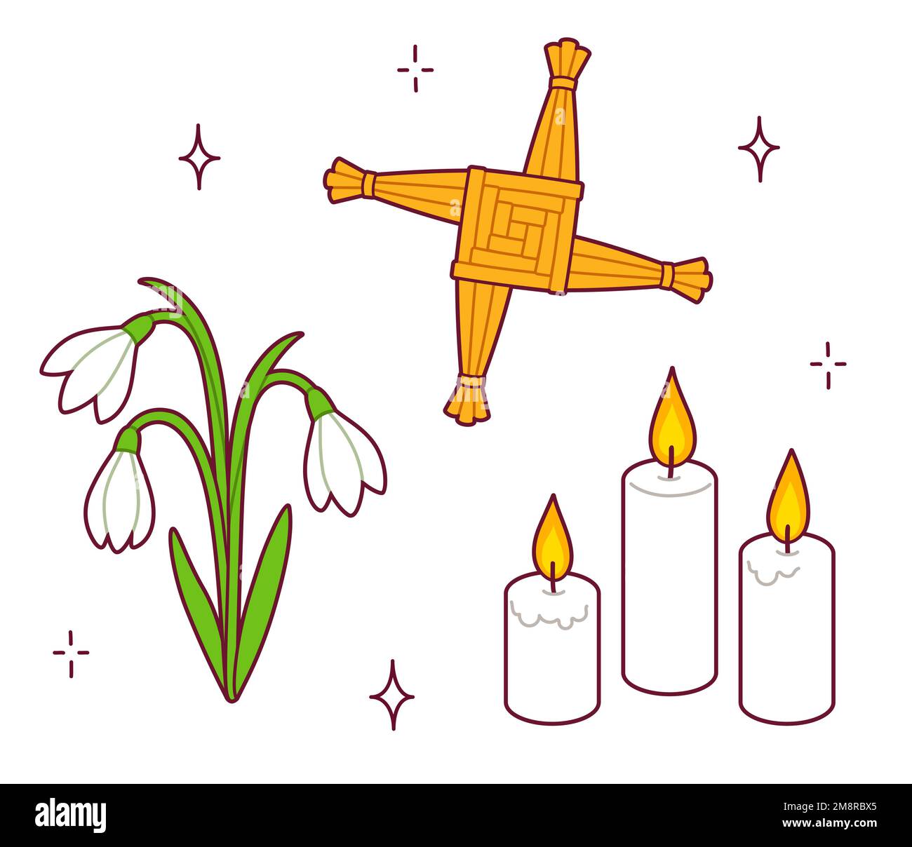 Imbolc Symbols Doodle Set, heidnische Frühlingsferien. St. Brigids Kreuz, Schneetropfen, weiße Kerzen. Vektordarstellung, einfache Zeichnung. Stock Vektor