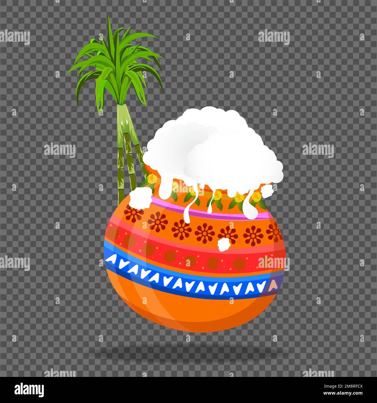 Illustration des Happy Pongal Holiday Harvest Festivals von Tamil Nadu South India. Pongal Pot und Zuckerrohr auf transparentem Hintergrund. Stock Vektor