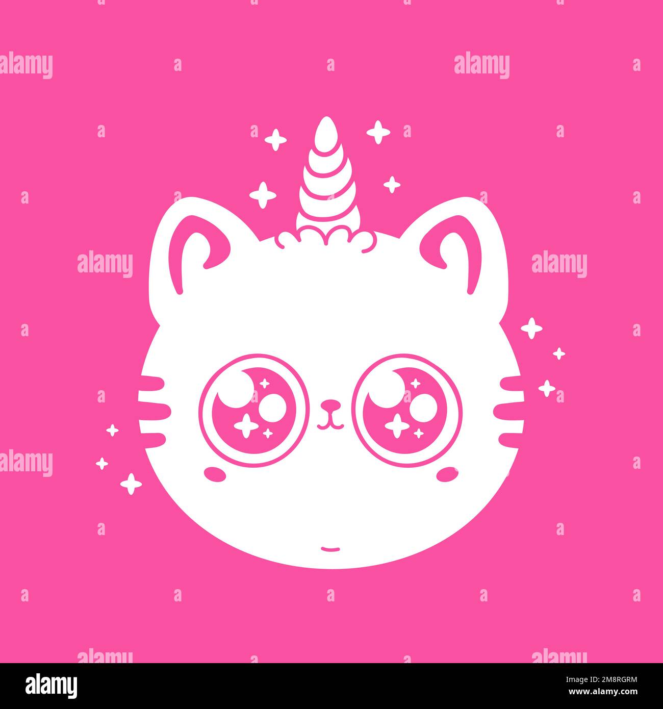 Süßes, lustiges, kleines Einhorn-Baby-Katzengesicht. Vektor handgezeichnete Zeichentrickfigur Kawaii-Zeichen Logo-Symbol. Isoliert auf weißem Hintergrund. Haustier, Einhorn-Kätzchen, Katzenmotiv für Logo, T-Shirt, Posterkonzept Stock Vektor
