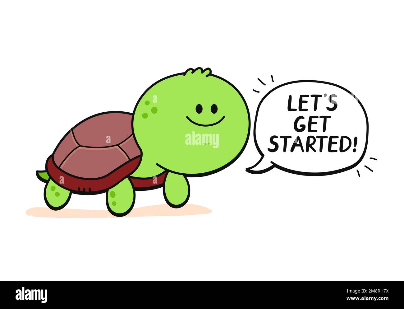 Süße glückliche Schildkröte mit Sprechblasen-Charakter. „Let's get started“-Schriftzug. Vector Cartoon Doodle Kawaii Figur handgezeichnet Styling Illustration Stock Vektor