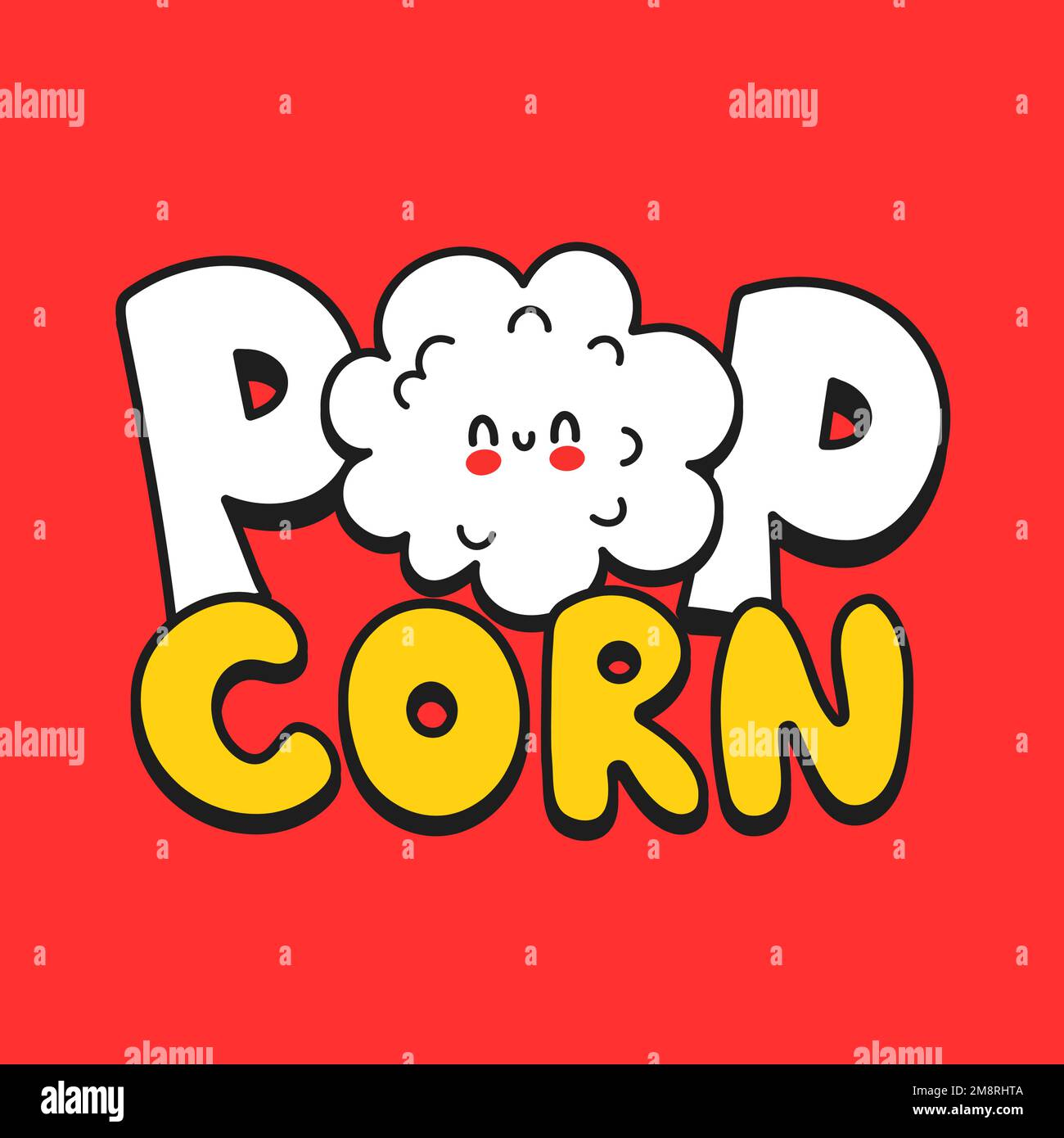Süßes fröhliches, lustiges Popcorn-Logo-Design. Von Hand gezeichneter Vektor-Cartoon Kawaii-Figur Abbildung Aufkleber Logo-Symbol. Süßes, fröhliches Popcorn-Cartoon-Poster-Konzept Stock Vektor