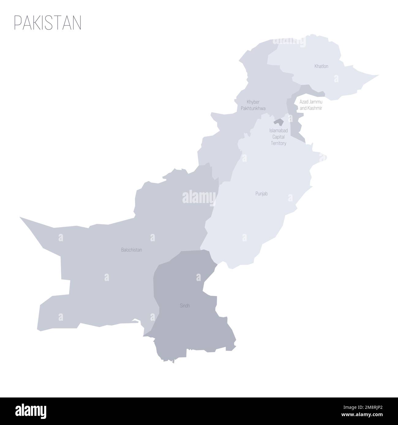 Politische Karte der Verwaltungseinheiten - Provinzen und autonome Gebiete in Pakistan. Graue Vektorkarte mit Beschriftungen. Stock Vektor