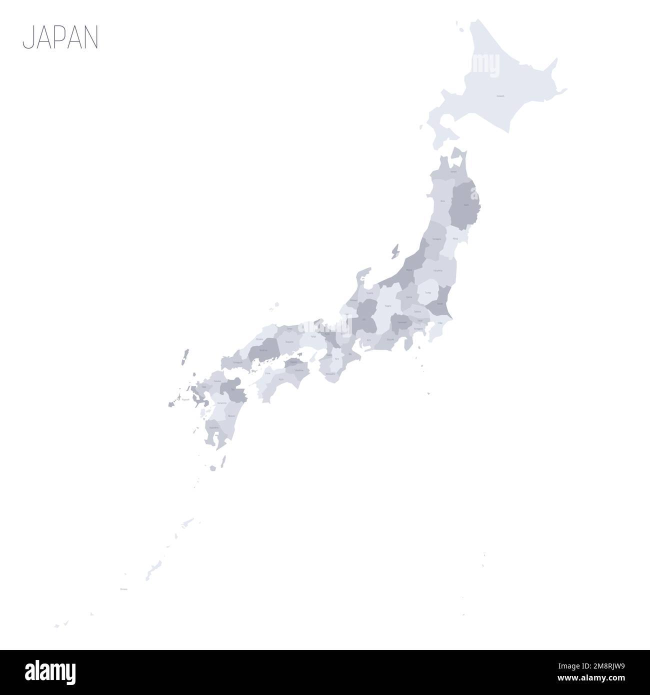 Politische Karte der Verwaltungseinheiten Japans - Präfekturen, Metropilis Tokio, Territorium Hokaido und städtische Präfekturen Kyoto und Osaka. Graue Vektorkarte mit Beschriftungen. Stock Vektor
