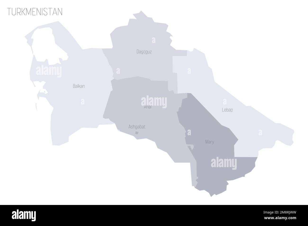 Turkmenistan politische Karte der Verwaltungsabteilungen - Regionen und Hauptstadtbezirk Aschgabat. Graue Vektorkarte mit Beschriftungen. Stock Vektor