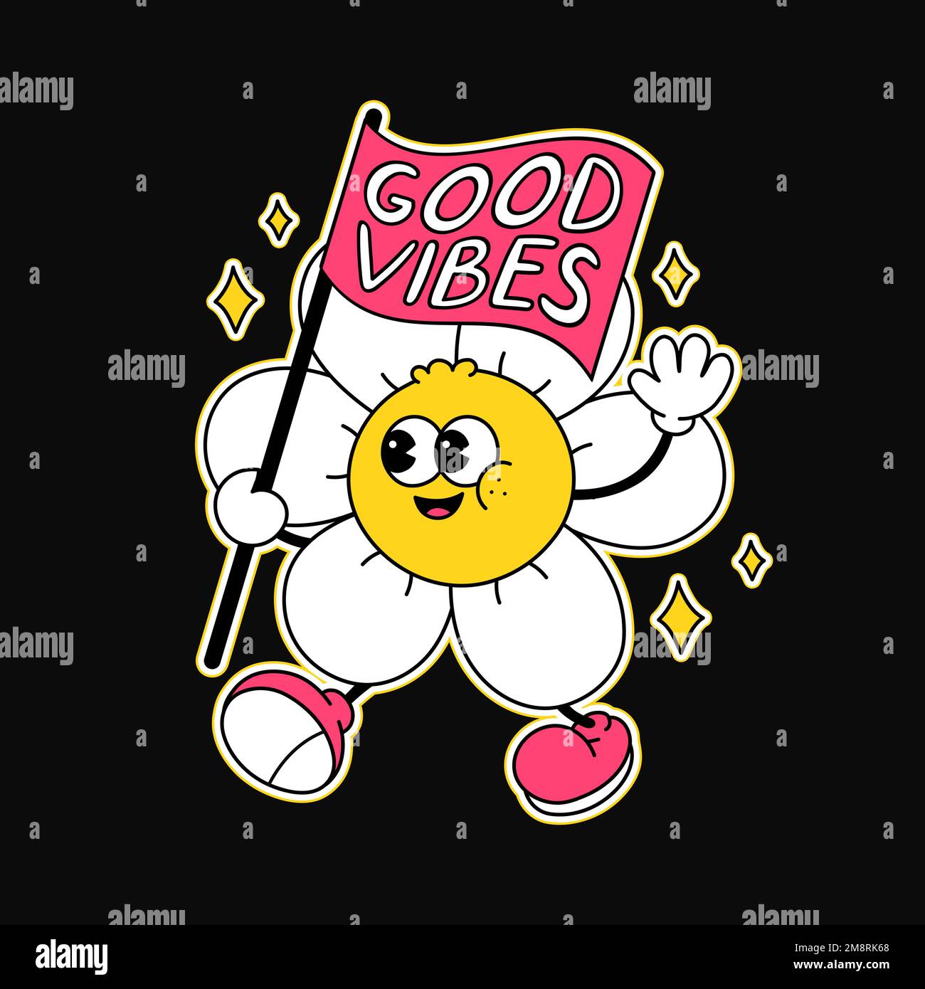 Süße, lustige Blume mit Flaggen-T-Shirt-Muster. Vector Retro-Cartoon-Figur im Vintage-Stil. Lustige Hippie-Blume, Kamille, „Good Vibes“-Schriftzug für T-Shirt, Poster, Aufkleber, Logo Art Concept Stock Vektor