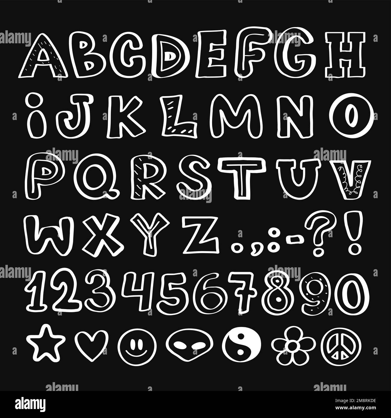 Kindische handgezeichnete Schriftart. Vektor-Doodle-Zeichnungsbriefe. Trendiges Kinder-Alphabet, Cartoon groovy Hippie Comic abc, 60s, 70s, flippiges Konzept Stock Vektor