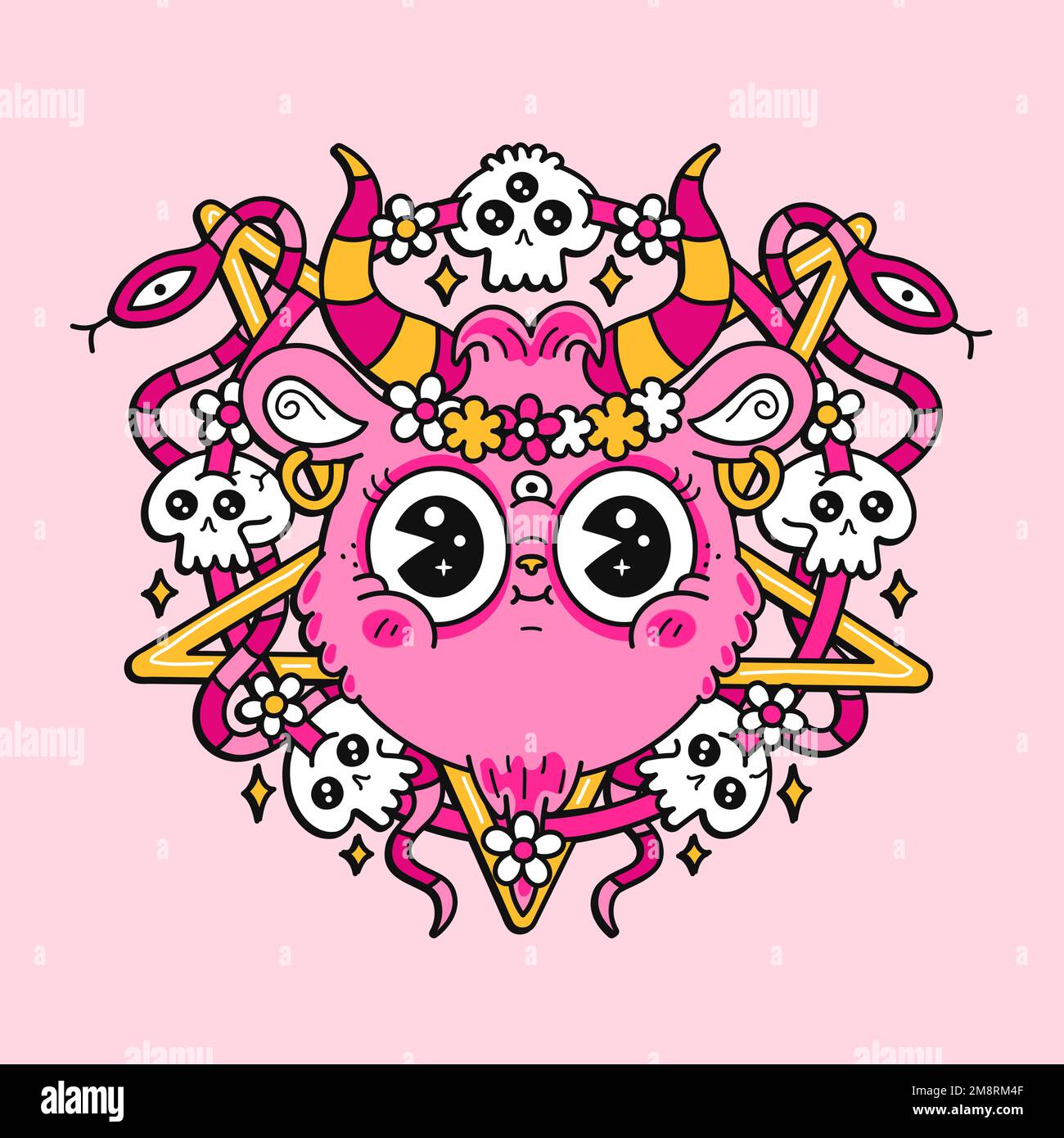Komischer Ziegensatankopf und Pentagramm. Logo mit Vektor-Cartoon-Figur. Süßes Lächeln, Ziegengesicht, Dämon, Satanmuster für T-Shirt, Poster Art Konzept Stock Vektor