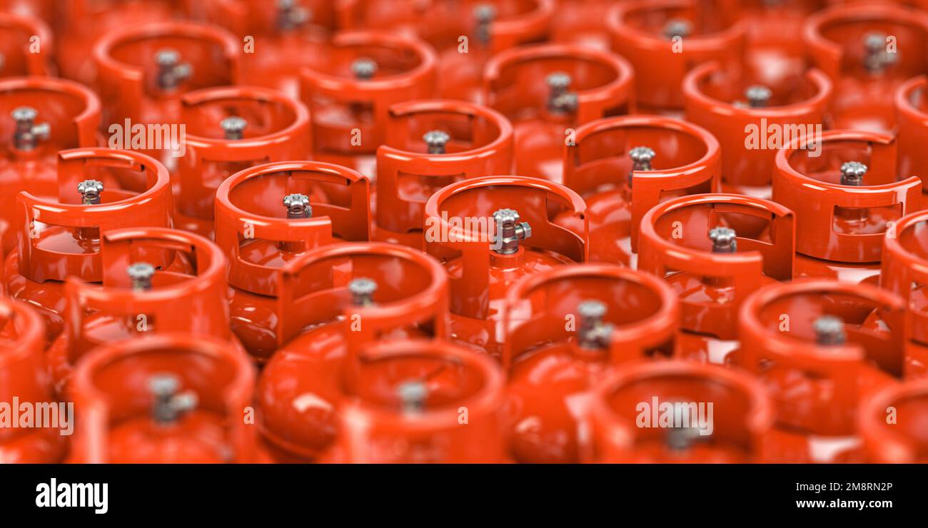 Lagerung von Gasflaschen und Gasflaschen. 3D Abbildung Stockfoto