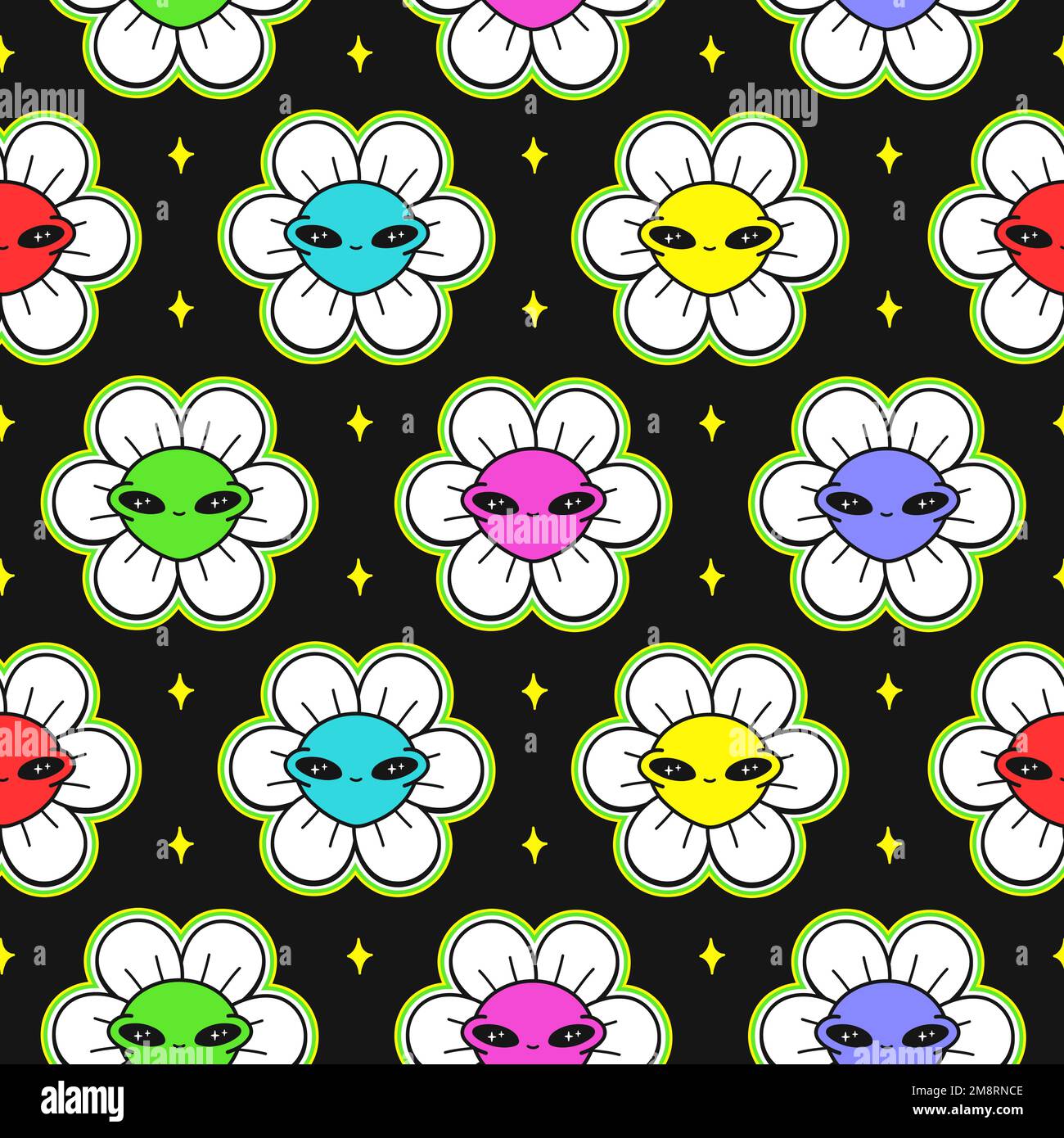 Süßes, lustiges Kawaii-Alien-Gesicht in Blüten nahtlose Musterkunst. Vektor-Cartoon Kawaii-Figur-Illustrationsdesign. Positives Vintage-Lächeln, Alien, Blütenmuster-Konzept Stock Vektor