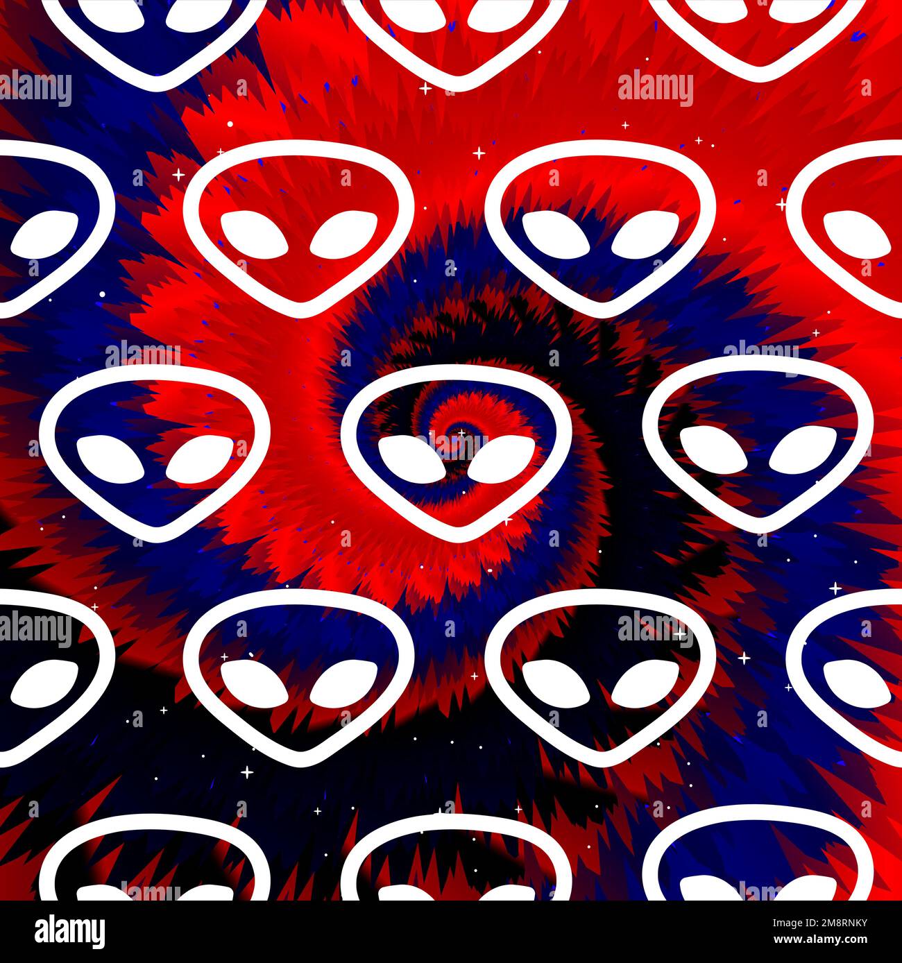 Alien-Gesichter, Tie-Dye-Hintergrund. Vector-Tie-Tie-Verrückte Zeichentrickfigur. UFO, Alien, Tidye-Hintergrund, Muster, Tapetenmuster Stock Vektor