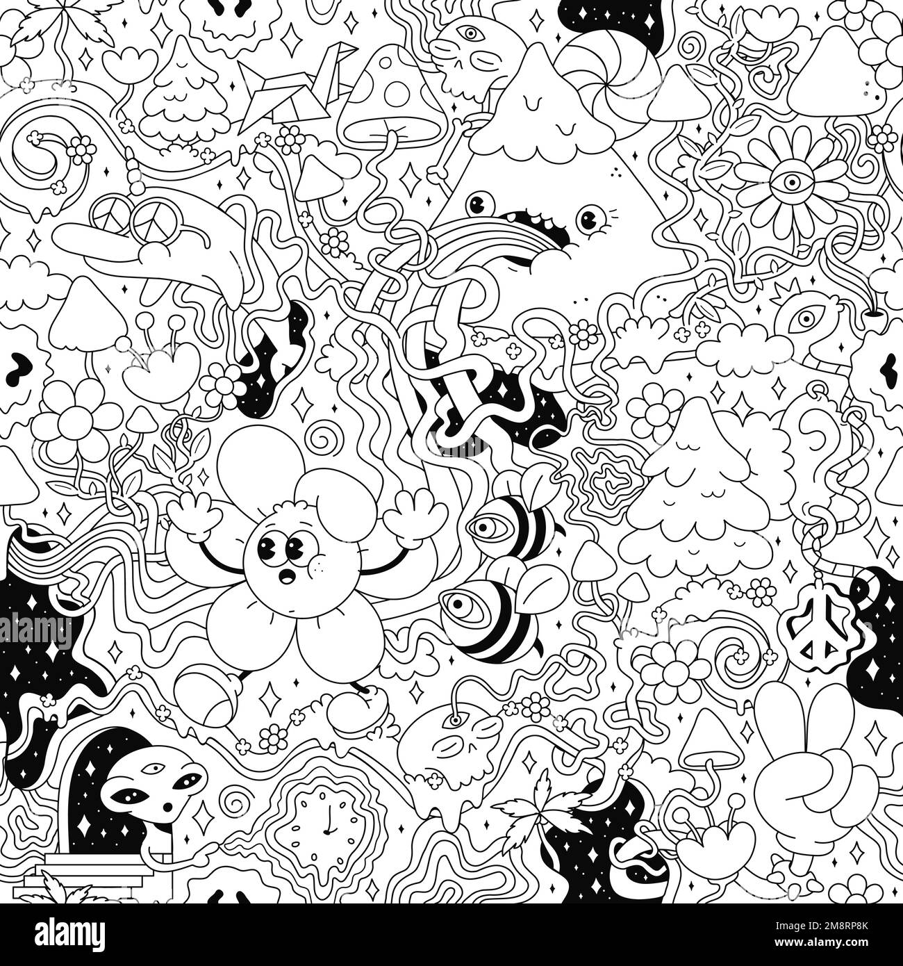 Psychedelische Trippy nahtlose Musterkunst. Pilz, magischer Zauberer, Rauchen, Melt Smile Face. Vector Cartoon Hippie Illustration Doodle. Trippy 60s, 70s, magischer Pilz, Säure nahtlose Musterkunst Konzept Stock Vektor