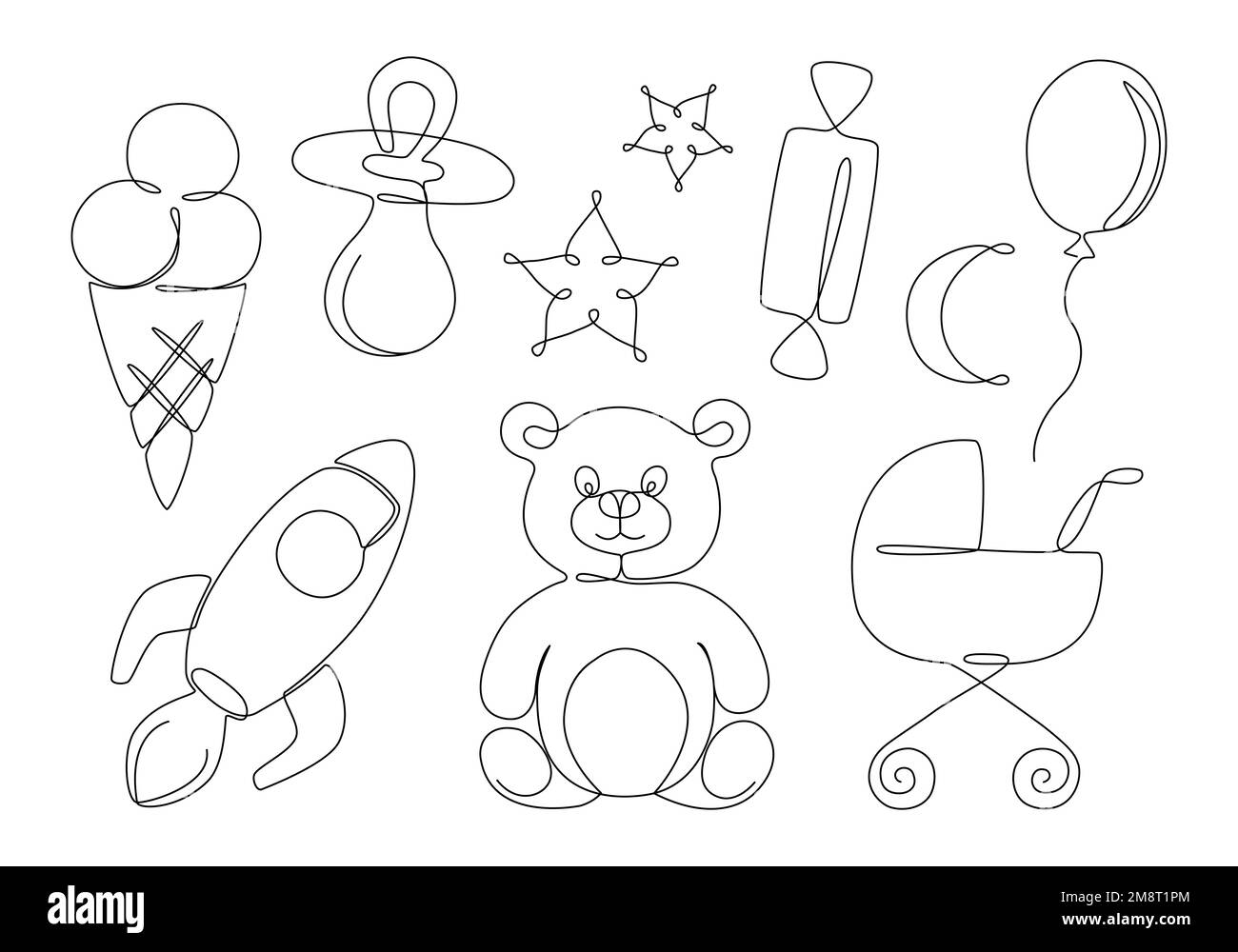 Ein-Linien-Zeichenelemente für Babys. Sammlung von niedlichen Gegenständen und Spielzeugen für Kinder. Bär, Schnuller, Kutsche. Vektordarstellung Stock Vektor