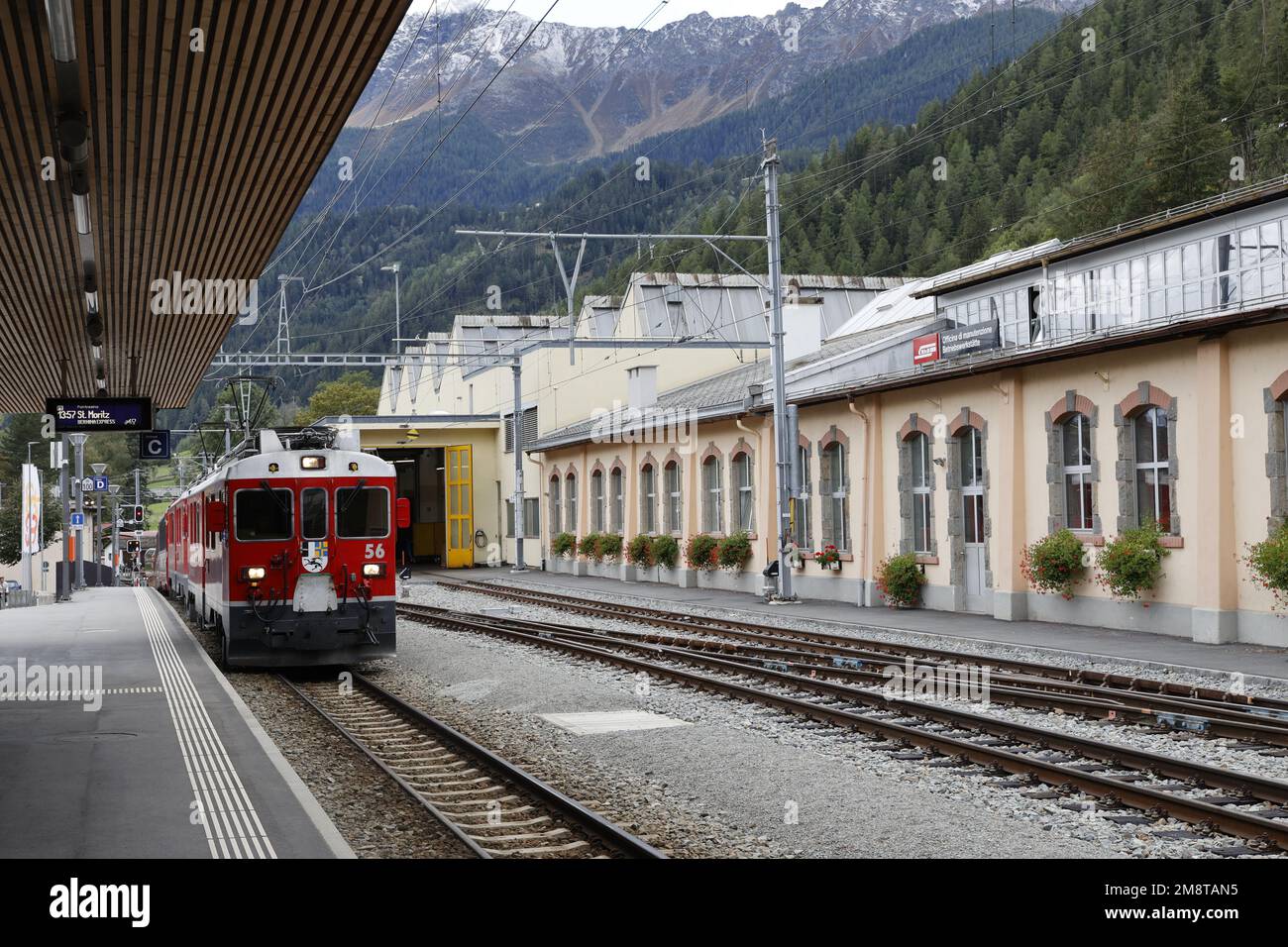 Der BERNINA Express fährt nach Poschiavo, Schweiz Stockfoto