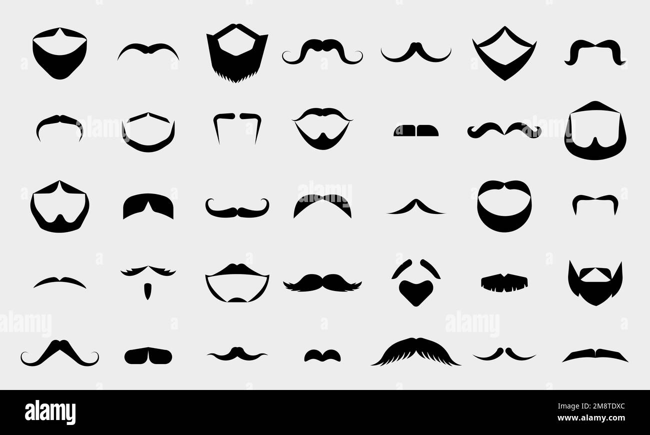 Schwarze Schnurrbart- und Bartsymbole. Lustige, alte Schnurrbärte, alte Männerfrisur. Bärtige Silhouetten, ein abgelegener, lustiger Hipster-Friseurladen Stock Vektor