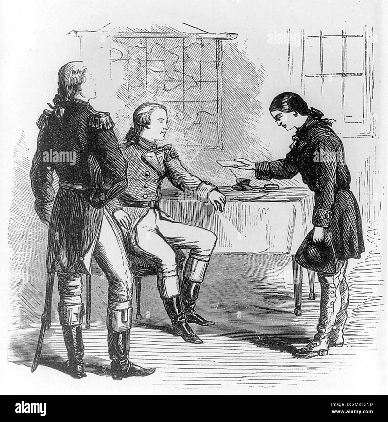 Deborah Sampson. Illustratioin mit dem Titel Deborah Sampson überreicht einen Brief an General Washington mit Gravur. Deborah Sampson Gannett (1760-1827) war eine Frau, die sich als Mann, Robert Shirtliff, verkleidete, um sich der Kontinentalarmee anzuschließen. Stockfoto