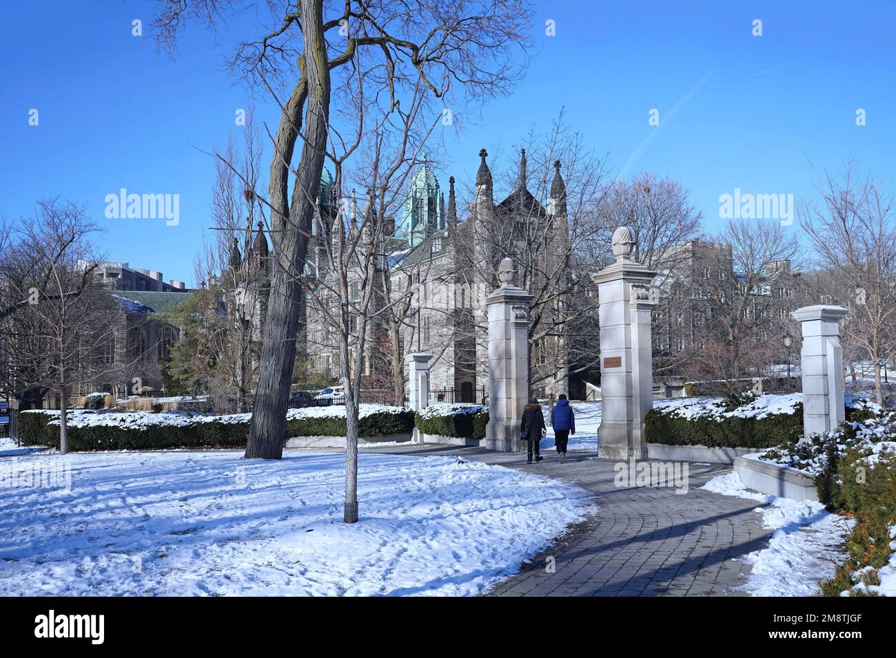 Toronto, Kanada - 15. Januar 2022: Campus der Universität von Toronto im Winter, mit Trinity College im Hintergrund Stockfoto