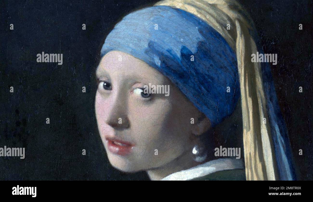 MÄDCHEN MIT EINEM PERLENOHRRING. Abschnitt des Gemäldes von Johannes Vermeer um 1665 Stockfoto