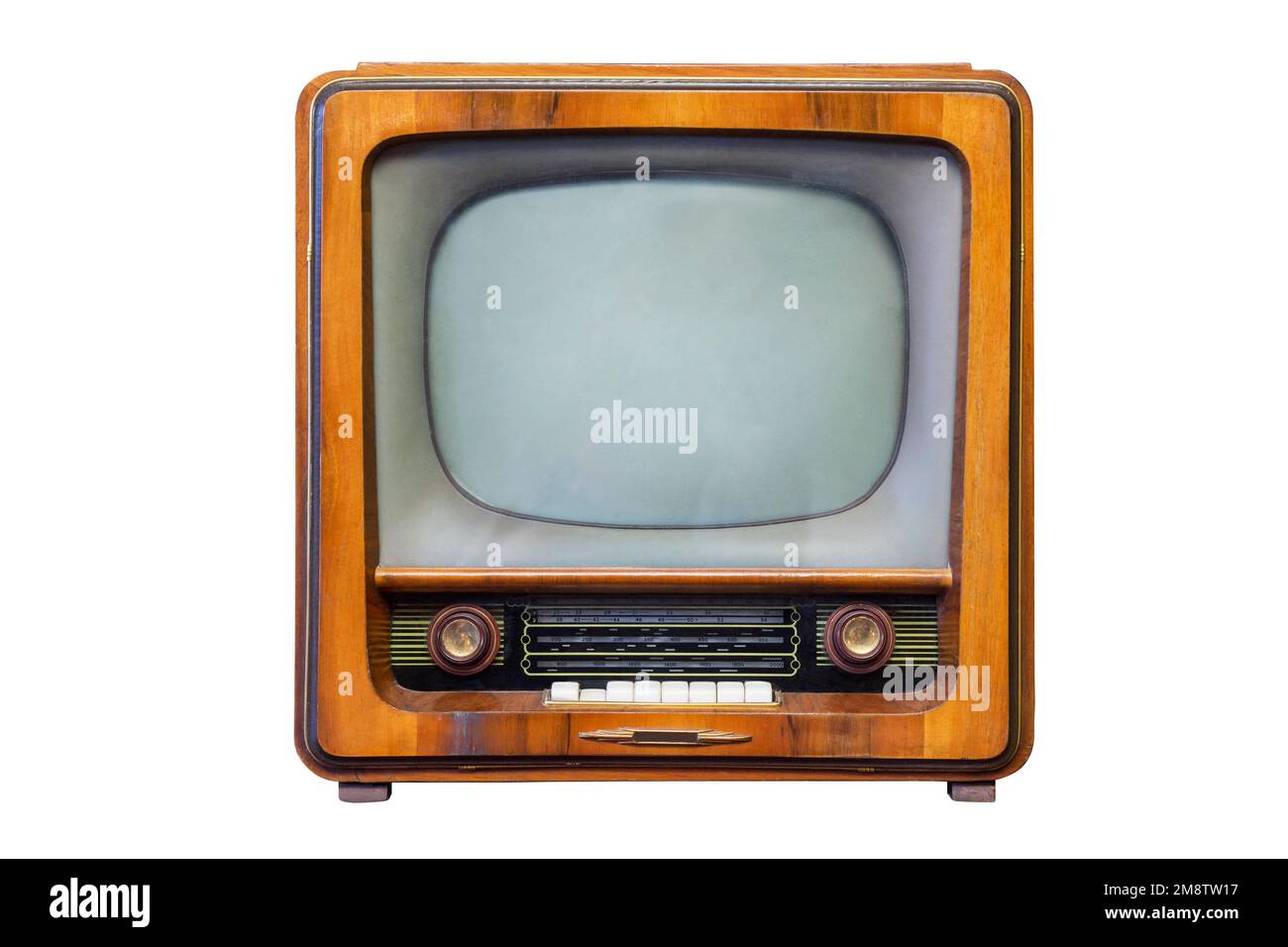 Retro-fernseher mit Holzgehäuse, isoliert auf weißem Hintergrund. Retro-Fernsehen Stockfoto