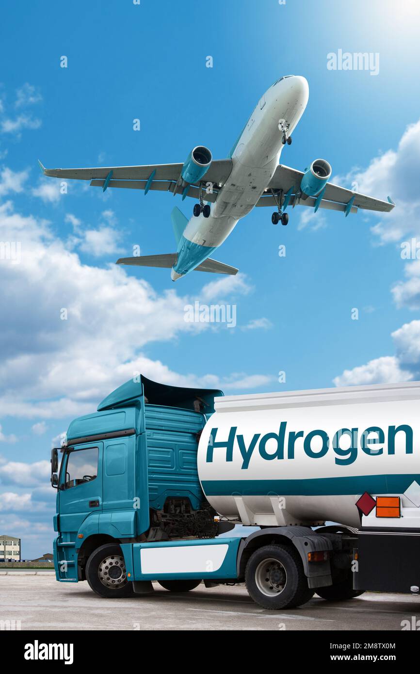 Flugzeug und Lkw mit Wasserstofftank-Anhänger. Sauberes Mobilitätskonzept Stockfoto