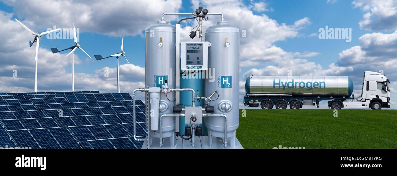 Wasserstoffproduktion aus erneuerbaren Energiequellen und Transport mit Lkw. Grünes Wasserstoffkonzept Stockfoto