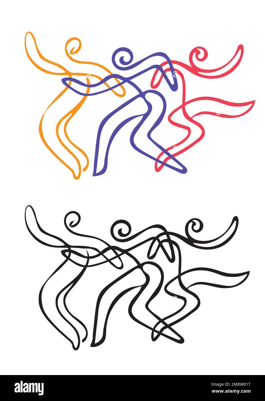Traditionelle tanzende Menschen, Tanzgruppe, Symbol für Volkstanz. Ausdrucksstarke, mit Linienart stilisierte Illustrationen lebendiger Tänzer. Stock Vektor
