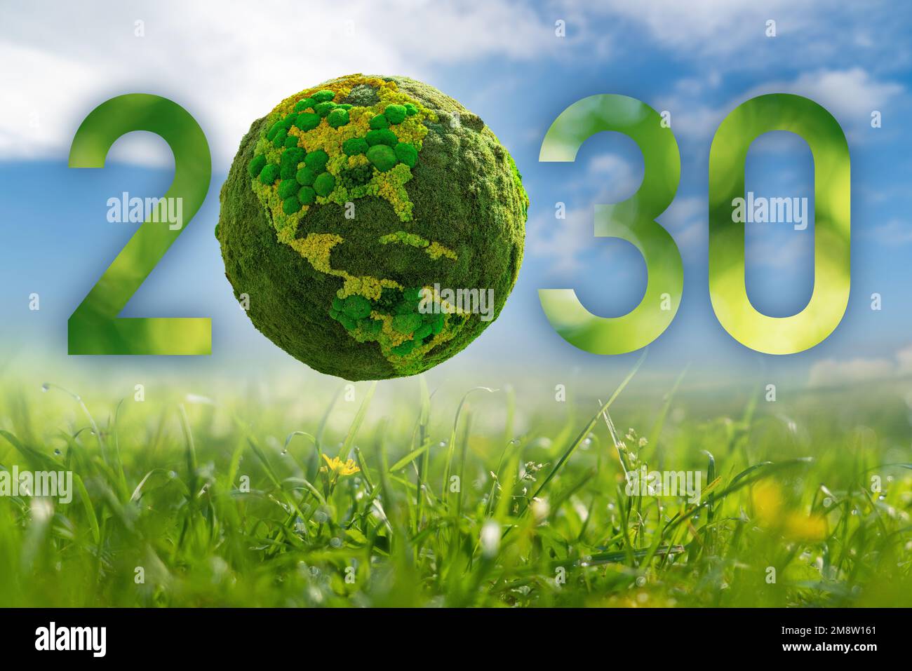 Nummer 2030 mit grünem Planeten. Ein Symbol für nachhaltige Entwicklung und den Übergang zu erneuerbaren Energien bis 2030 Jahr. Stockfoto