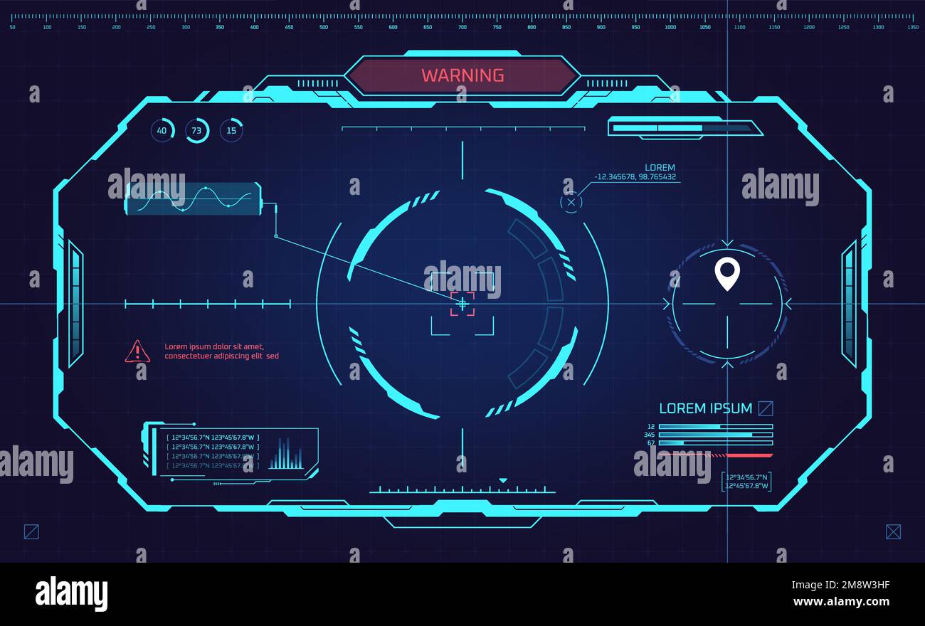 HUD-Helmansicht. VR-Dashboard in futuristischer Brille oder Raumschiff-Cockpit, digitale virtuelle Tech-Schnittstelle Sucher Scannerrahmen Auto-Navigation, Spiel-ui-Vektordarstellung der benutzeroberfläche des Spiels Stock Vektor