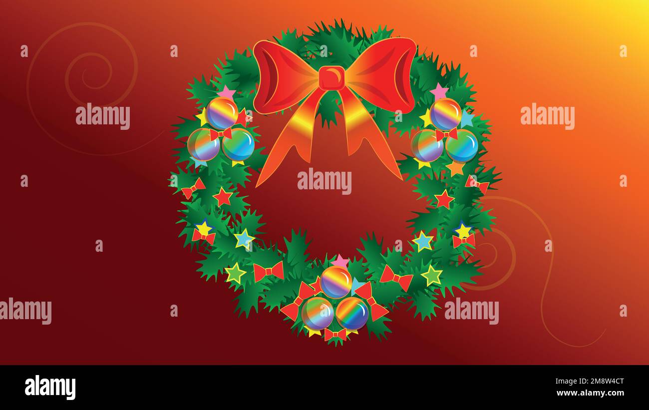 Weihnachtskranz mit Regenbogenkugeln, Schleifen und Sternen. Frohes neues Jahr und Frohe Weihnachten. Stock Vektor