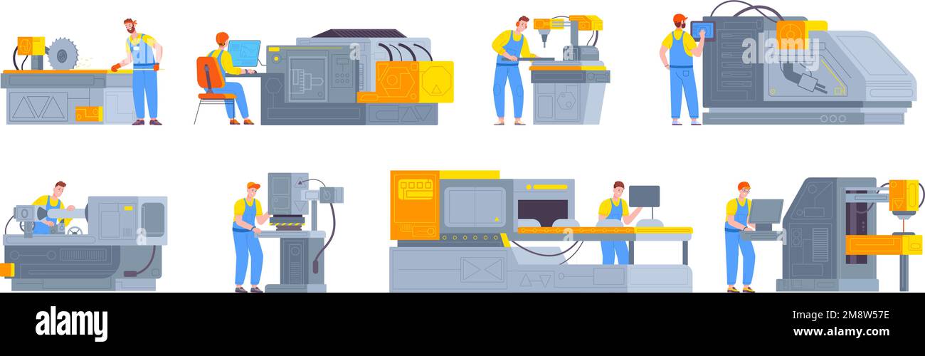 Bediener an Fabrikmaschinen. Detail der automatischen Produktionsmaschine des Arbeiters, Fertigungsmontagearbeitsplatz effiziente Arbeit des Werksingenieurs, Vektordarstellung der Produktion des Bedieners in der Fabrik Stock Vektor