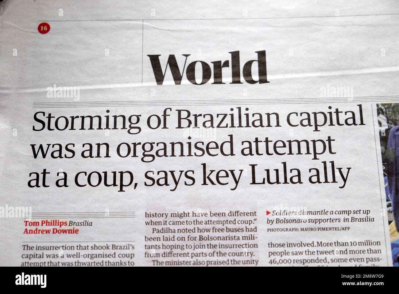 „Das Stürmen des brasilianischen Kapitals war ein organisierter Putschversuch“, sagt Key Lula Ally, „Guardian“, Artikel 11. Januar 2023, London UK Stockfoto