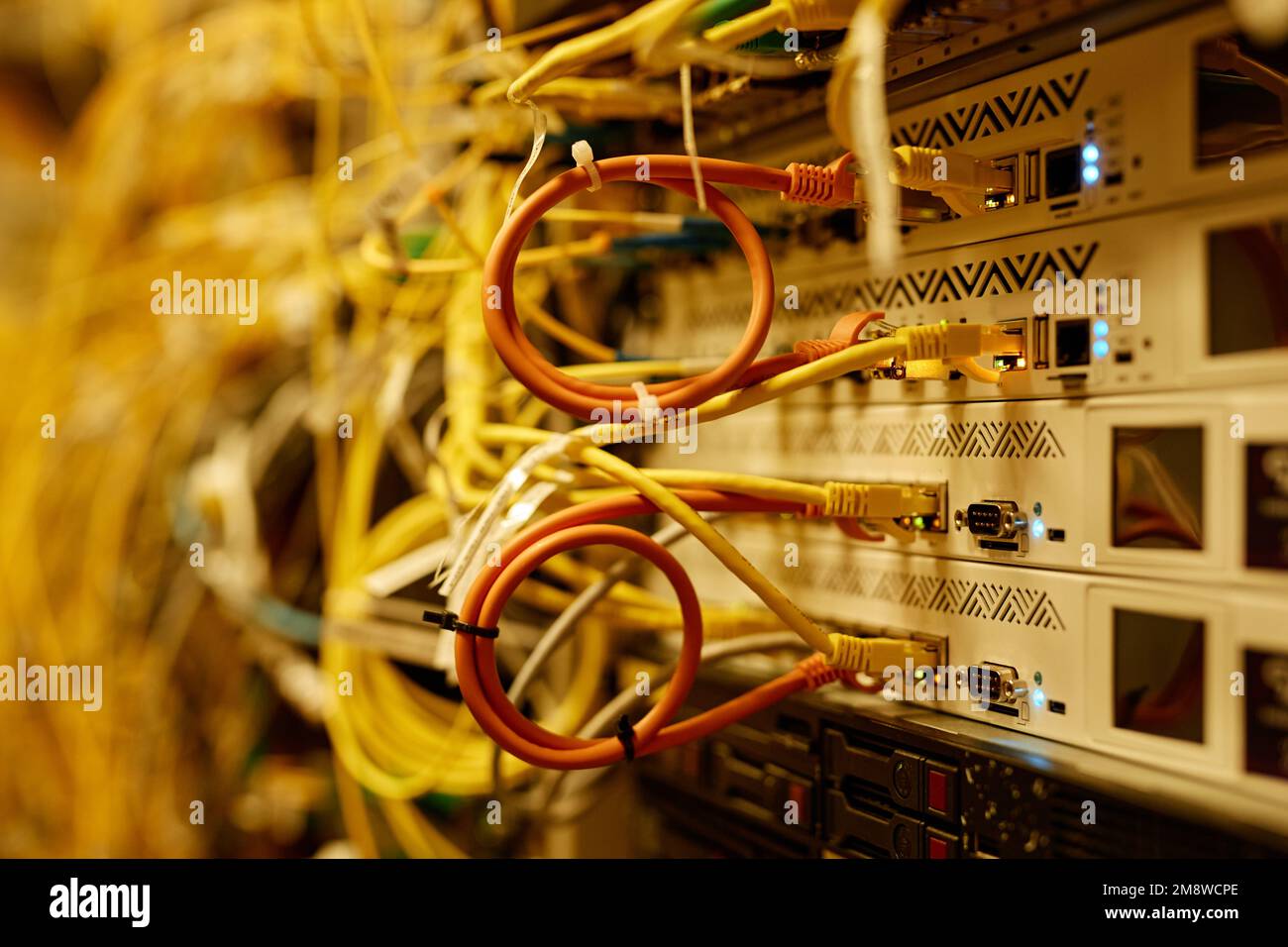 Makroaufnahme des Hintergrunds von Kabeln und Drähten, die mit Servern verbunden sind, Kopierbereich Stockfoto