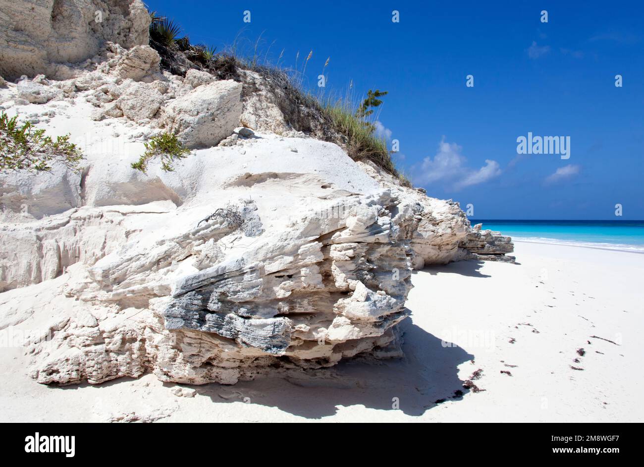 Der malerische Blick auf einen erodierten Felsen und einen Sandstrand auf der unbewohnten Insel Half Moon Cay (Bahamas) Stockfoto