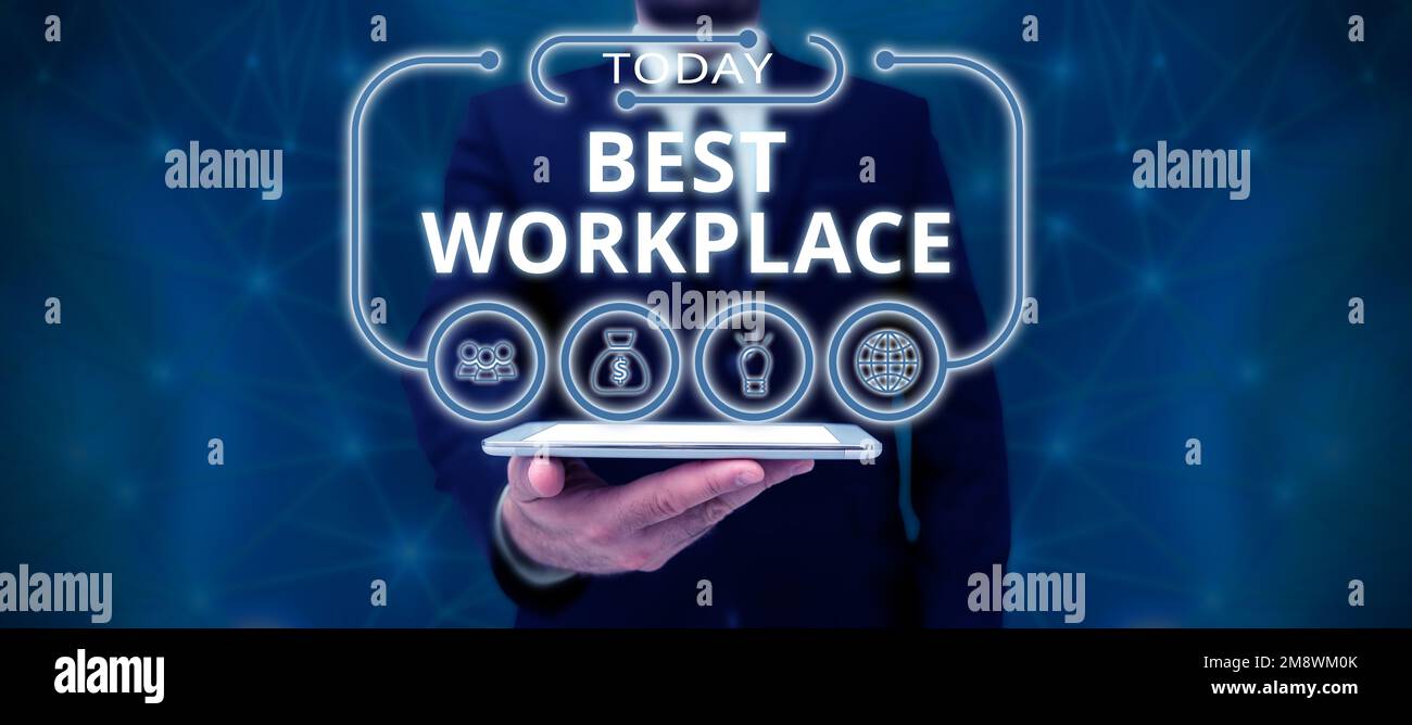 Schild mit der Anzeige „Bester Arbeitsplatz“. Ein Wort über das ideale Unternehmen, um stressfrei mit hoher Vergütung zu arbeiten Stockfoto