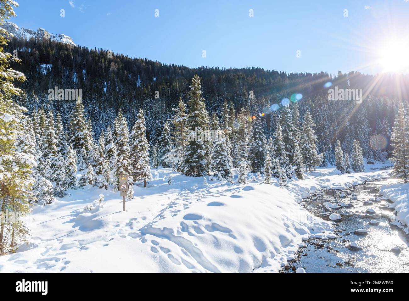 Durch eine verschneite Berglandschaft im Winter. Lichtreflexionen. Stockfoto