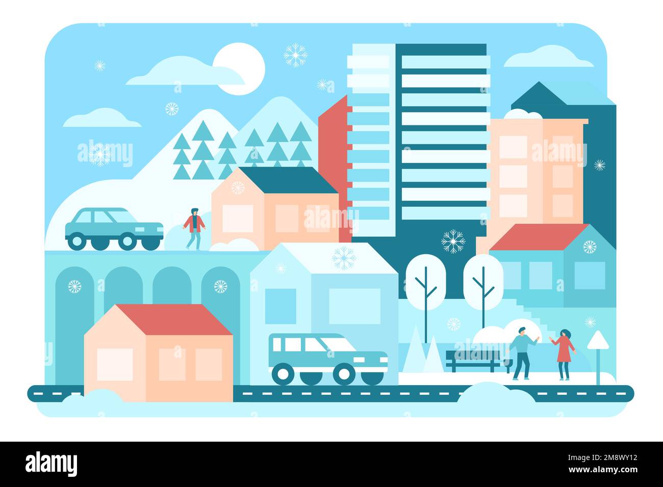 Winterliche geometrische Stadt mit wandelnden Menschen Vektordarstellung. Cartoon einfache minimalistische Landschaft mit modernen Wohnblocks, Häusern und Brücke, Auto auf der Straße und Park mit Bäumen und Bank Stock Vektor