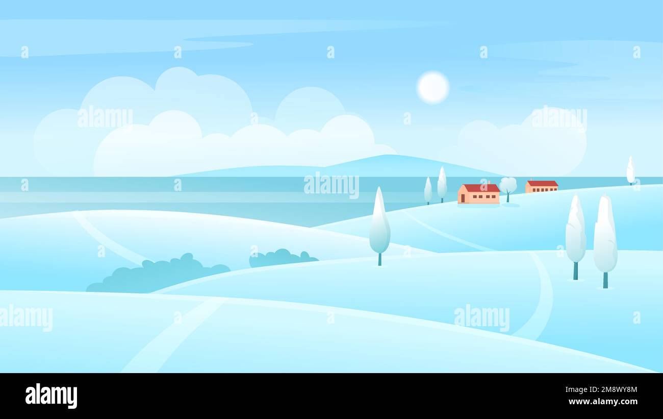Rotes Bauernhaus und Bäume auf blauem Bauernfeld mit Schnee, Landwirtschaft. Vektordarstellung der Winterlandschaft auf dem Bauernhof. Stock Vektor