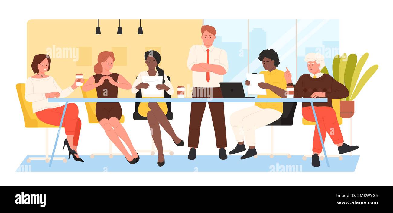 Geschäftsleute zur Vektordarstellung von Meetings. Zeichentrickfilme glückliche männliche und weibliche Charaktere sitzen am Tisch, um Probleme und Unternehmensideen zu besprechen, um einen dialog zu führen, Boss steht am Schreibtisch Stock Vektor