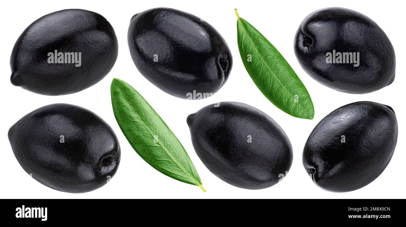 Schwarze Oliven isoliert auf weißem Hintergrund Stockfoto