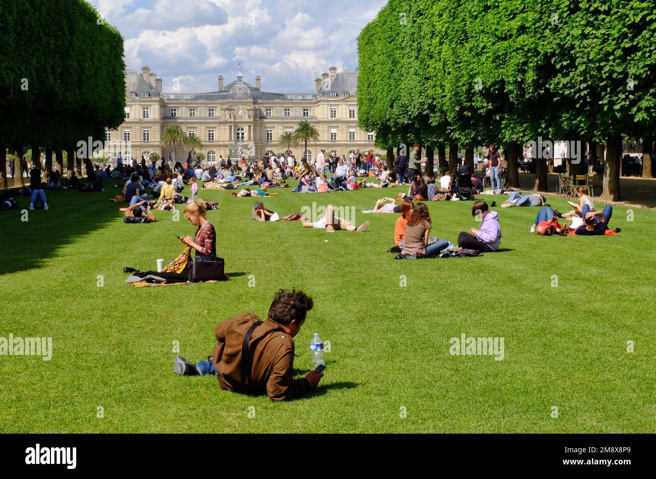 Paris: Menschen, die sich in der Sonne auf dem Gras des Palais und des Jardin du Luxembourg in Paris, Frankreich, entspannen Stockfoto